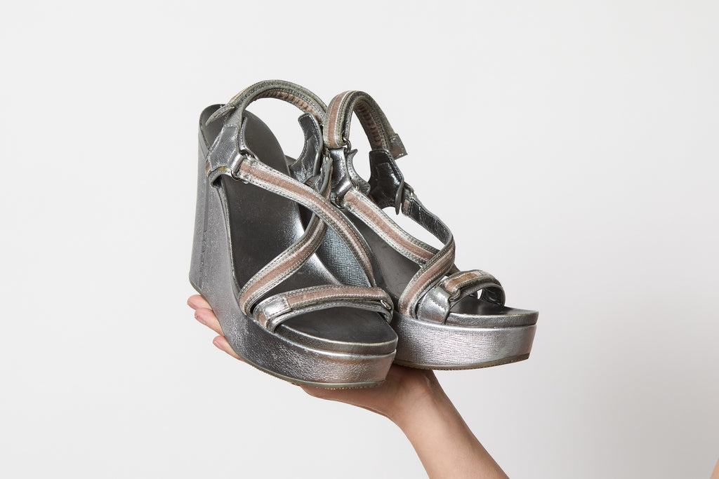 Silver Prada Wedge Heel